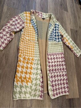 Long Multicolor Houndstooth Open-Front Cardigan Sweater